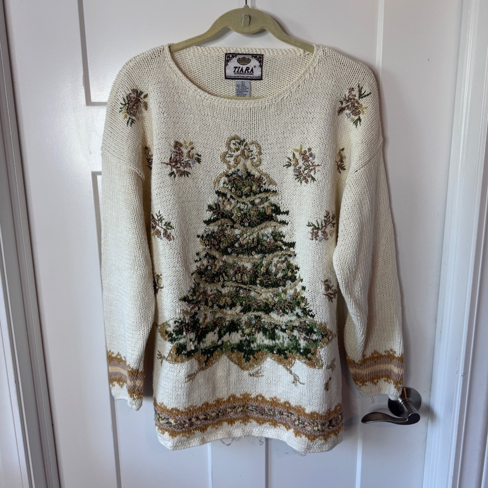 Tiara International Vintage Christmas Tree Sweater Beaded Cream Ramie Cotton L